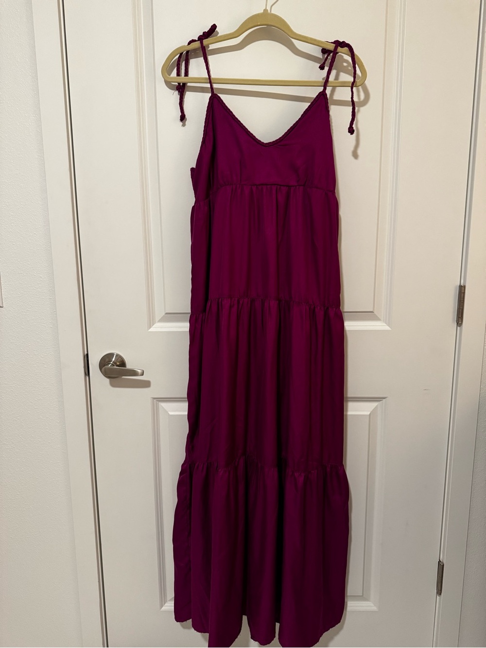 Tie-Shoulder Tiered Maxi Dress in Deep Magenta